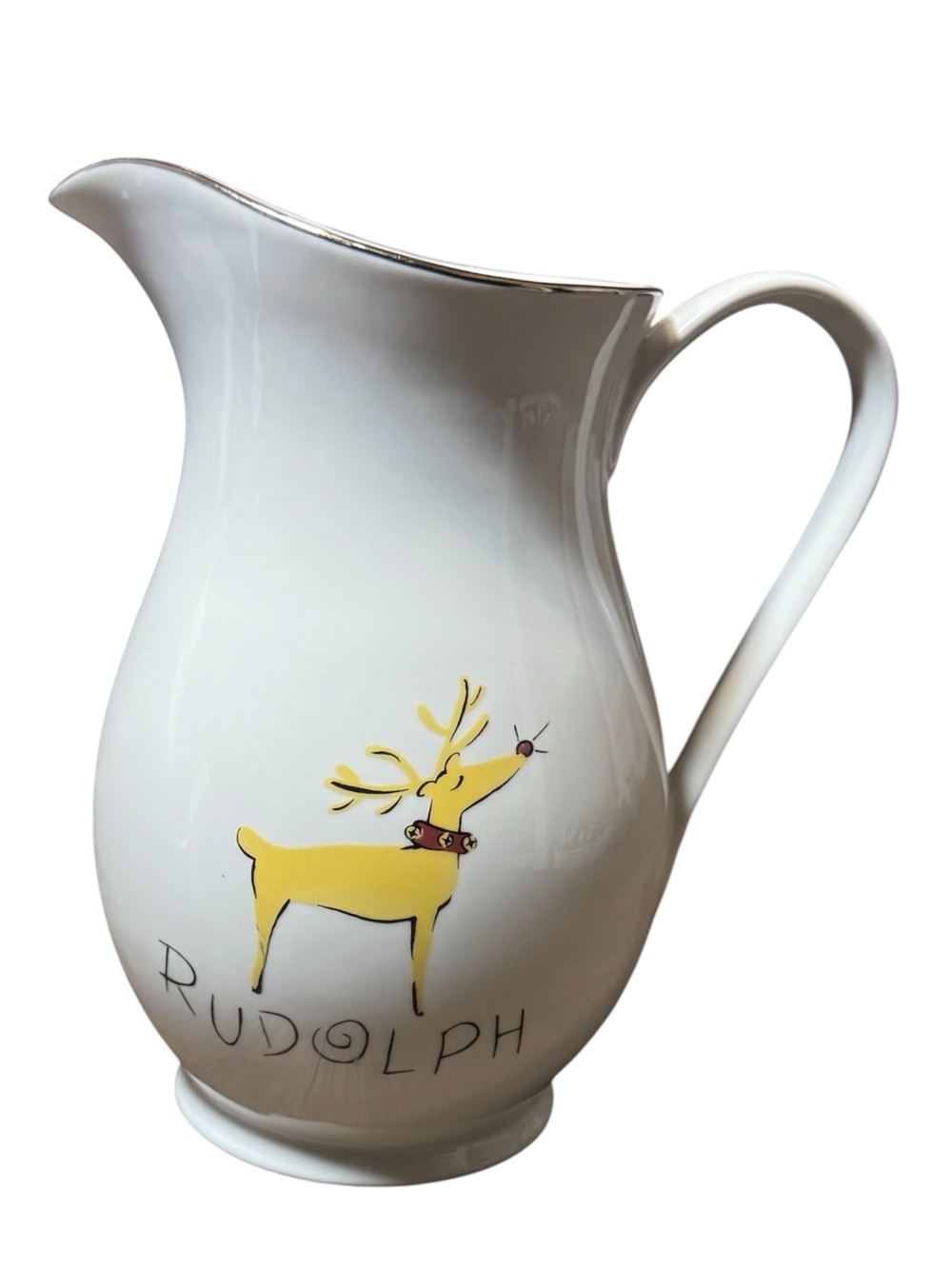 Pottery Barn Retired Santa’s Reindeer Rudolph Porcelain Pitcher 70oz Silver Trim